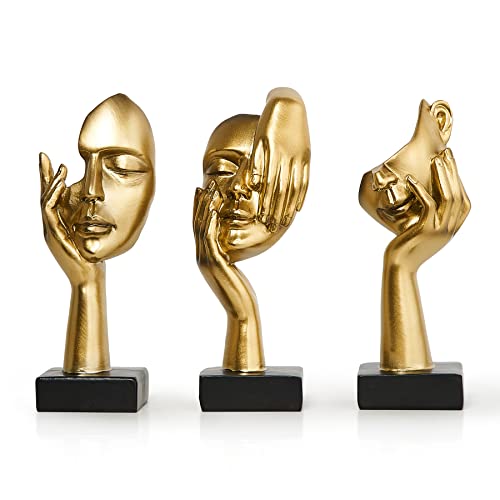 FUNTEREST 3 Pcs Gold Decor Thinker Statues Sculptures for Shelf Decor, Golden Statues Home Decor Accents, Table Decorations for Living Room Bedroom Office, Bookshelf Decorative Objects
