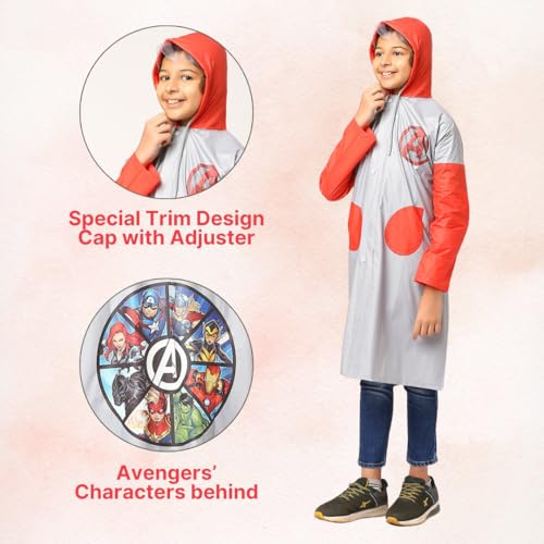 Image of Citizen Avengers Kids Raincoat with Inbuilt Hood & Carry Bag, PVC Virgin Fabric with High Tearing Strength, Full Sleeves Knee Length Raincoat For Boys & Girls, Grey & Red