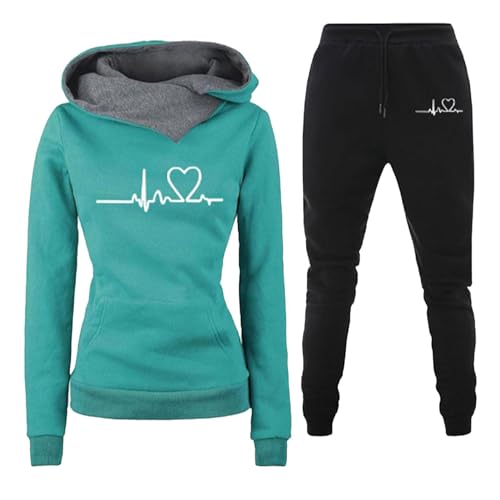 PW TOOLS Damen Trainingsanzug Set 2-Teilig Damen Casual Sportswear Set Heartbeat Print Hoodie Jogginganzug Damen Set Trainingsanzug Damen Kapuzenpullover Sporthose Set