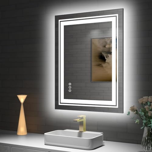 LED Bathroom Mirror, 30"X36" with Front and Backlit, Anti-Fog, Bathroom Vanity Mirror for Wall, Memory Function, Stepless Dimmable, Tempered Glass (Horizontal/Vertical)
