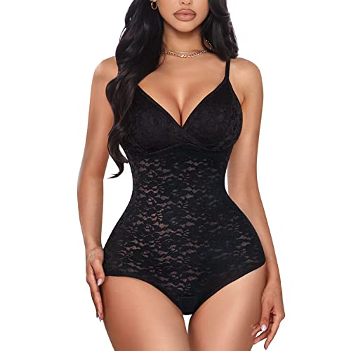 Reyeogo Shapewear Tummy Control Bodysuit Cute Lace Cami V-Neck Tank Top Waist Trainer Vest Smooth Body Shaper Slimming Corset (Black, Medium) #TOP4