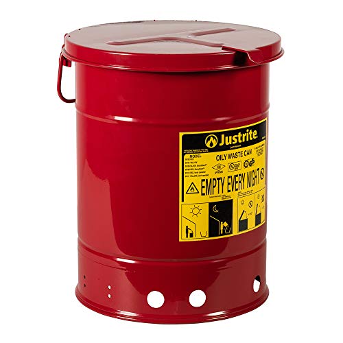 Justrite 09110 Galvanized Steel Oily Waste Safety Can With Hand Operated Cover, 6 Gallon Capacity, Red #TOP22