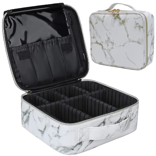 Image of SHAMAX Professional Makeup Case Organizer Bag for Women, Travel Cosmetic Kit Vanity Box with Adjustable Dividers, Portable Beauty Makeup Organiser & Cosmetic Travel Pouch | (White Marble)