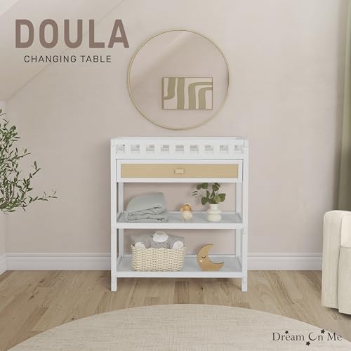 Image of Dream On Me Doula Changing Table in White - BSA & GREENGUARD Gold Certified, Enclosed Dressing Area for Safety, Two Spacious Storage Shelves & A Closed Drawer, Converts to Nightstand