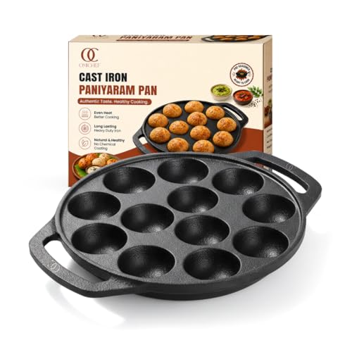 Image of Omichef Cast Iron Paniyaram Pan (Appe Maker) Pre-Seasoned 12 Pits Appam Maker | Small Paddu Pan | Naturally Non-Stick | Gas & Induction Compatible