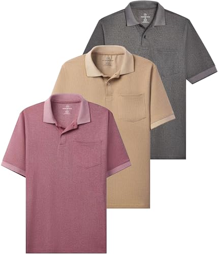 Real Essentials 3 Pack: Men's Regular-Fit Ribbed Polo Shirt with Pocket (Available in Big & Tall)