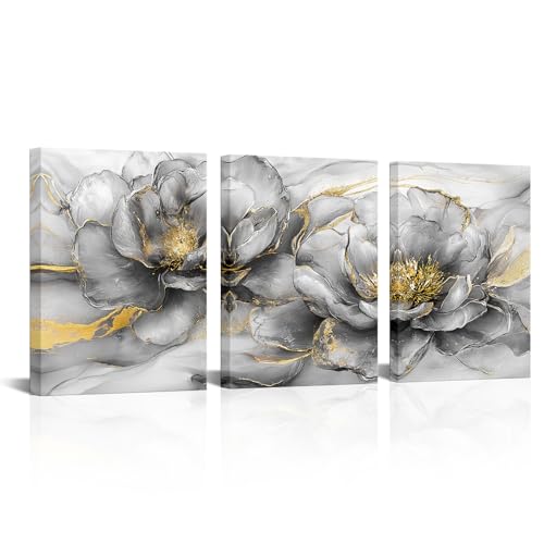 sechars Abstract Floral Wall Art Modern Gray and Gold Bathroom