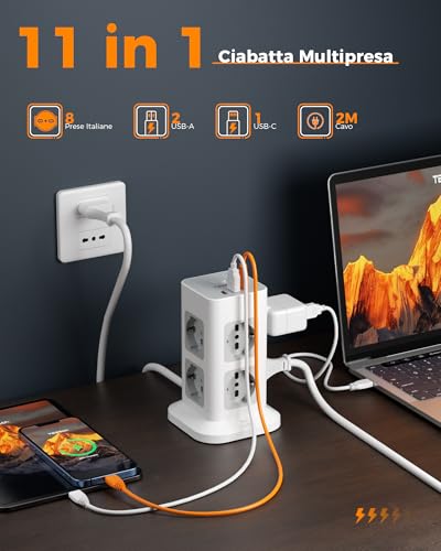 Ciabatta Multipresa con USB 20W, Ciabatta Elettrica con 8 Prese IT 16A, Torretta Multipresa Protezione Sovratensione con Interruttore e Prolunga Elettrica 2 Metri, 3680W Presa, Girgio - Hub USB - Immagine 1