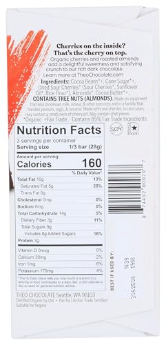 Theo Cherry Almond Organic Dark Chocolate Bar, 70% Cacao, 1 Bar | Vegan, Fair Trade