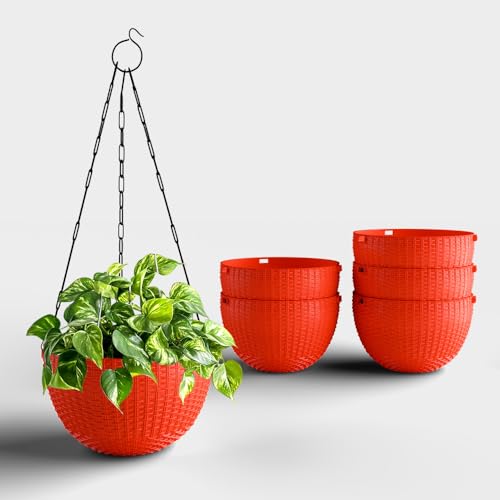Image of YUCCABE ITALIA SHERA URO-Basket Plastic Flower Pot with Drainage Holes Round Planter Pot Suitable for Inddor Outdoor Kitchen (Red, 8 INCH - 6 Pcs)