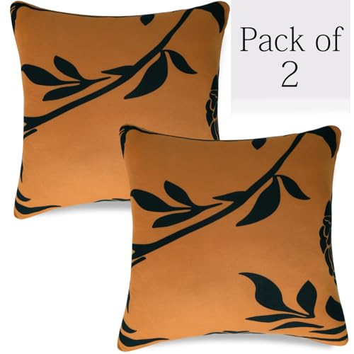Image of HOKIPO 'Elira Series' Stretchable Cushion Cover for Sofa 22x22 Inch, Packof 2, Copper Brown Floral (AR-6712-C8*2)
