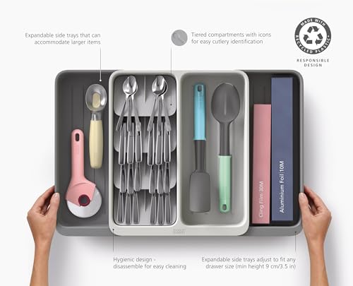 Image of Joseph Joseph DrawerStore Expanding Tiered Flatware Cutlery, Utensil, and Gadget Tray, Expandable In-Drawer Kitchen Space-Saving Organizer, Recycled Plastic
