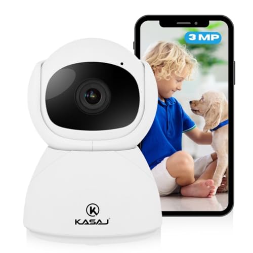 KASAJ 3MP WiFi Security Camera Indoor for Dog, Cat, Baby Monitor, 360° Home Security Pet Camera, Human Detection, Motion Tracking, Siren, Smart Night Vision, 2-Way Audio, Works with Alexa