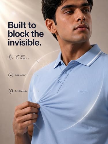 Image of NOBERO Men's Travel Polo T-Shirt | Premium Cotton Stretch Fabric | Anti-Odor & Water-Repellent | UPF 50+ Sun Protection | Regular Fit Polo Collar Casual Wear