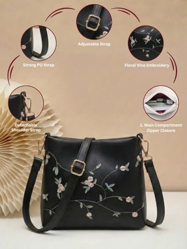 Image of LIKE STYLE Women's Floral Embroidered PU Sling Bag | Stylish Crossbody Shoulder Bag for Daily Use