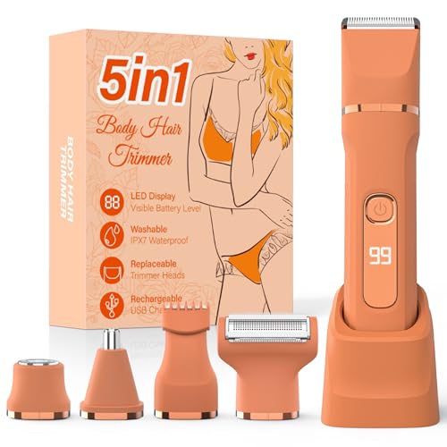 Bikini Trimmer for Women,5-in-1 Electric Razors for Women,Electric Shaver for Women's,IPX7 Waterproof Trimmer for Men Legs,with 5 Replaceable Blade Heads,USB Recharge Dock(Orange)