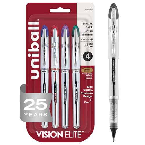 uniball Vision Elite Rollerball Pens, Bold Point (0.8mm), Assorted Colors, 4 Pack
