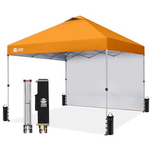 CROWN SHADES 10x10 Pop Up Canopy with 1 Side Wall - Beach Tent with One Push Setup - Outdoor Sun Shade for Events, Parties, Camping - Gazebo with STO-N-Go Cover Bag (Orange)