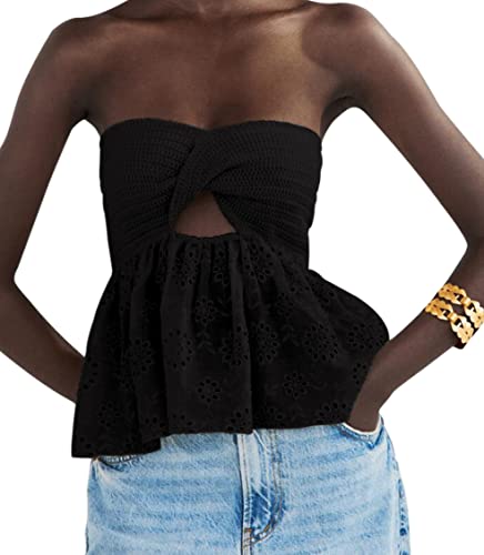 MISSACTIVER Women Twist Knot Knit Bandeau Tube Top Embroidery Strapless
