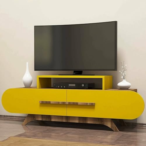 Dmora - Mobile Porta TV Praesepe, Credenza da Soggiorno, Armadio Basso per TV, Base Parete attrezzata, 145x37 h50 cm, Noce e Giallo