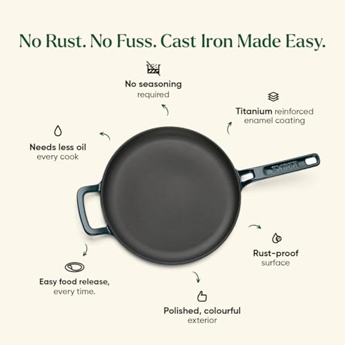 Image of Ember Cookware TitaniumClad Enamel Cast Iron Tawa for Dosa 27 cm | 10-Year Warranty | Rust-Proof Cast Iron Tawa for Roti & Dosa | Non Stick Dosa Tawa | Heavy Duty Induction Cookware | Teal