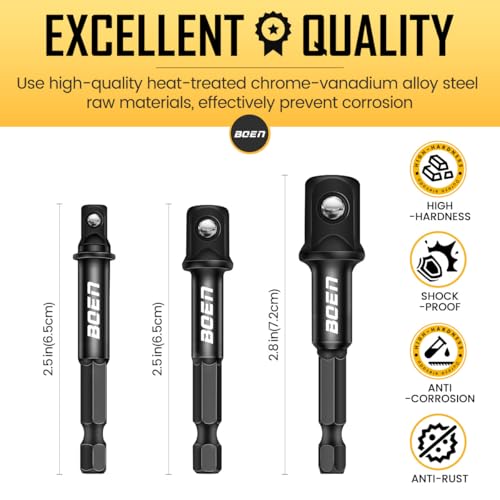 Image of BOEN Impact Socket Adapter & Magnetic Bit Holder | 4 Pieces of 1 /4-Inch Hex Shank Extension to 1 /4 inch, 3 /8 inch, and 1 /2 inch Drive (Pack of 2)