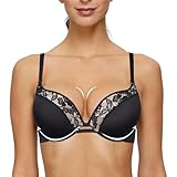 YANDW Womens Padded Push Up Bras Thick Padded Adjustable Straps Lace Sexy T Shirt Plunge Bra for Women Underwire Black,36B