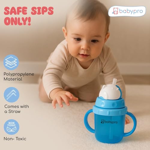 Image of BabyPro Baby Sipper Mug with Straw, 180 ml, Blue, for Babies 1+ Years | Toddler Drinking Bottle, Spill Proof, BPA Free, Easy Grip, Soft Spout, Leak Proof