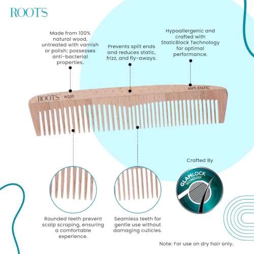 Image of ROOTS Wooden Comb | Dual Teeth For Styling & Detangling | Rounded Teeth prevent Hair damage | 100% Natural Wood | Anti-Frizz | For Dry Hair | For Men & Women | Length - 7.2 Inch | Model No - WD30