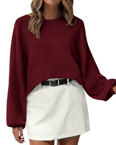 KIRUNDO Fall Sweaters for Women 2026 Oversized Boat Neck Tops,Burgundy,L