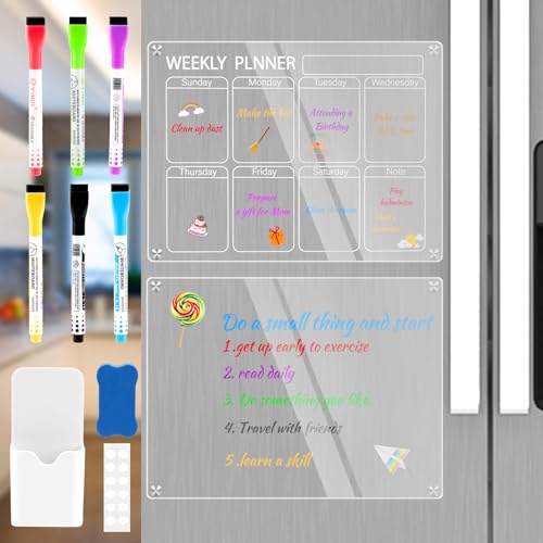 Ardósia magnética frigorífico transparente semanal 2 unidades semanal 30 x 40 cm vem com estojo para lápis, apagador, seis canetas coloridas e autocolantes