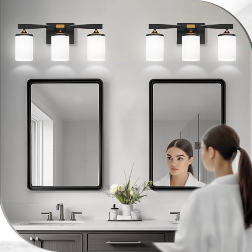 Image of DORESshop Bathroom Light Fixtures, 3-Light Black and Gold & Milky White Bathroom Lighting Fixtures Over Mirror with Milk Glass Shade, Modern Vanity Lights for Hallway Bedroom