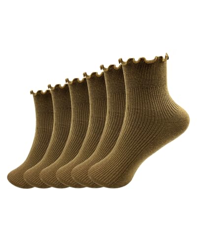 Image of Women Ruffle Ankle Socks Cute Frilly Socks Solid Color Casual Soft Cotton Knit Sock Lettuce Frilly Crew Socks 6 Pair