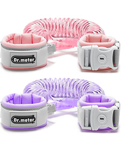 Dr.meter Anti Lost Wrist Link, 2 Pack Toddler Safety Leash with Key Lock, Reflective Child Walking Harness - Dual 8.2ft Length Pink &amp; Purple Kids Leash for Outdoor, Kids Travel Essencials