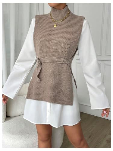 Image of Verdusa Women's Split Belted Sweater Vest High Neck Sleeveless Pullover Top Khaki Small