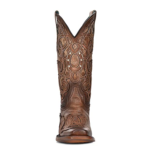 Corral Ladies Ld Brown Horseshoe Overlay & Embroidery & Crystals Sq. Toe, Square Toe, Leather Sole, 11" Shaft, Cowhide Leather, Western Boot, Brown Z5136 Size 6.52