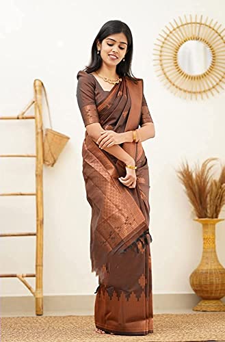 Image of C J Enterprise Women's Pure Banarasi Saree Kanjivaram Silk Sarees Soft Design Wear Pattu Sarees Party Cotton With Blouse Piece Kanchipuram For Wedding Sadi New 2024 2025 (GolaLine-51) (Brown)