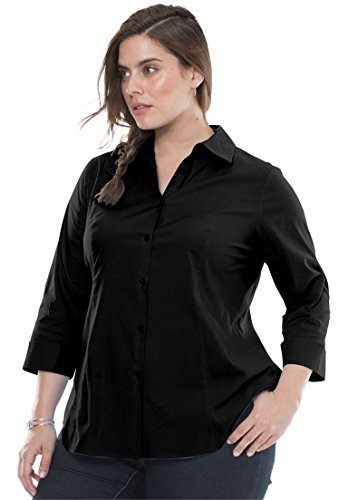 Jessica London Women's Plus Size Poplin Shirt Button Down Blouse - 24 W, Black