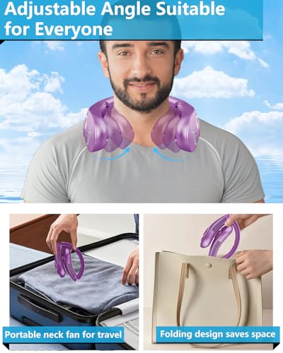 Image of Portable Misting Neck Fans with Water Spray, Rechargeable Long Battery Life, Powerful Air Cooler with LED Display, Personal Compact Wearable Necklace Fan for Kids Adults Elderly Hot Weather, Purple