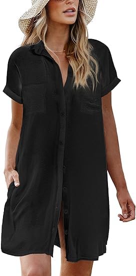 ELESOL Womens Bathing Suit Cover Ups Summer Shirt Dress Casual Short Sleeve Button Down Beach Shirts with Pockets
