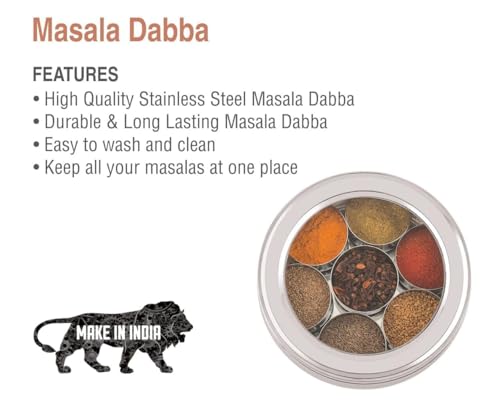 Image of INKULTURE Stainless Steel Masala Box For Kitchen, Belly Shaped And Capacity 1.1 Liter | Spice Box /Masala Dabba /Namak Dani With See Through Lid, 07 Containers And Spoon | Anjarai Petti,Silver