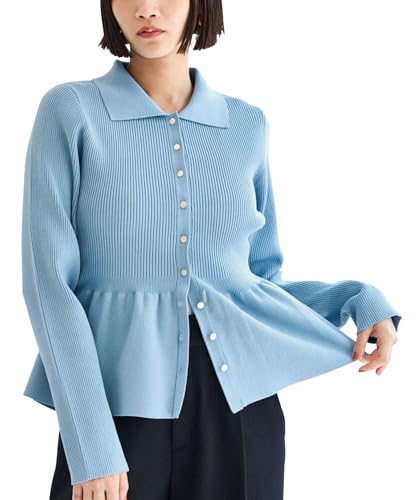 [ビス] 洗える 襟付きペプラムカーディガン ブルー(44) Fのサムネイル