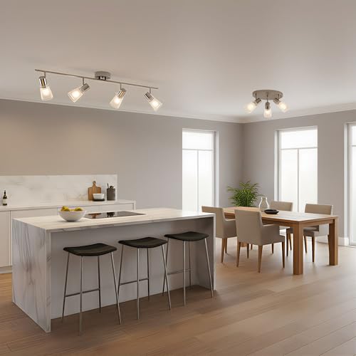 Image of 4-Light Track Lighting Kit, Brushed Nickel Flush Mount Ceiling Light Fixture with Frosted Glass Shades, Foldable Arms with E26 Adjustable Heads Spotlight, ETL Listed (35.6 inch)