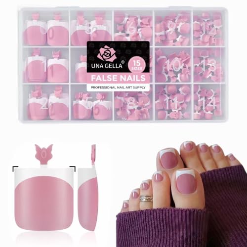 Image of UNA GELLA French Toe Nail Press Ons, Berry Pink Pre-Etched 15 Sizes Sharp Square 180Pcs Press On Toenails False Toes Soft Gel Square Full Cover Fake Toenails Extension for Home DIY Salon Pedicure