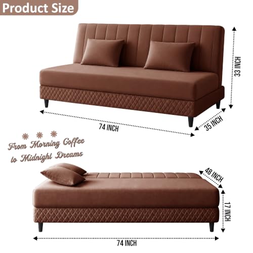 Image of Rosebell Modern 3 Seater Velvet Sofa Cum Bed with Cushion | Premium Upholstered Fabric | Tufted Backrest | Wooden Legs | Living Room Furniture | Brown