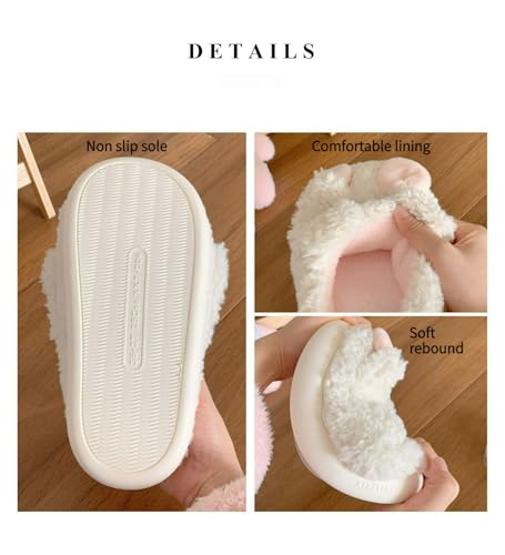 Women Cute Bunny Fluffy Slippers Cozy Rabbit Theme Warm House Shoes Comfortable Soft Sole Indoor Slipper Booties (US8.5-9,White,8.5,9)2