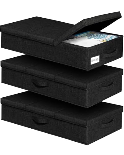 mepure Lot de 3 boîtes de rangement sous le lit avec couvercle, support latéral et inférieur robustes, boîtes de rangement pliables et empilables, vêtements, literie, armoire, 79 x 40 x 15 cm, noir