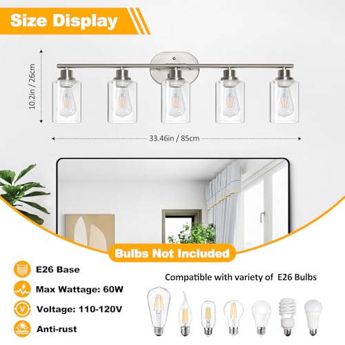Image of Unicozin Bathroom Light Fixtures, 5 Light Vanity Lights for Bathroom, Brushed Nickel Wall Lamp with Clear Glass for Mirror, Living Room, Hallway, Cabinet, E26 Base