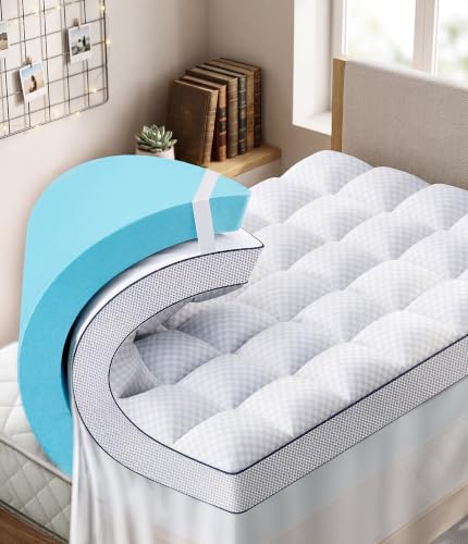 Panyu Dual Layer 4 Inch Memory Foam Mattress Topper Twin XL, 2' Cooling Gel Memory Foam & 2' Pillow Top College Dorm Room Mattress Pad Cover for Back Pain Relief, CertiPUR-US Certified, White