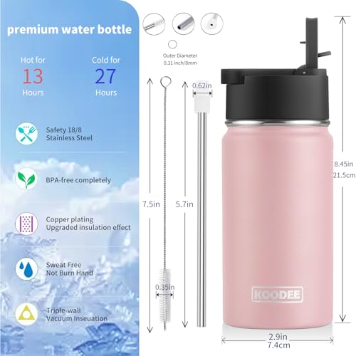 Image of koodee 12 oz Stainless Steel Water Bottle, Double Wall Vacuum Insulated Wide Mouth Flask with Wide Handle Straw Lid (Light Pink)